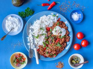 Chilli con Carne with rice and sour cream